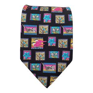 LEONARD PARIS Black Bird & Flower Print Silk Tie Made In Italy 58"-3.75" EX COND
